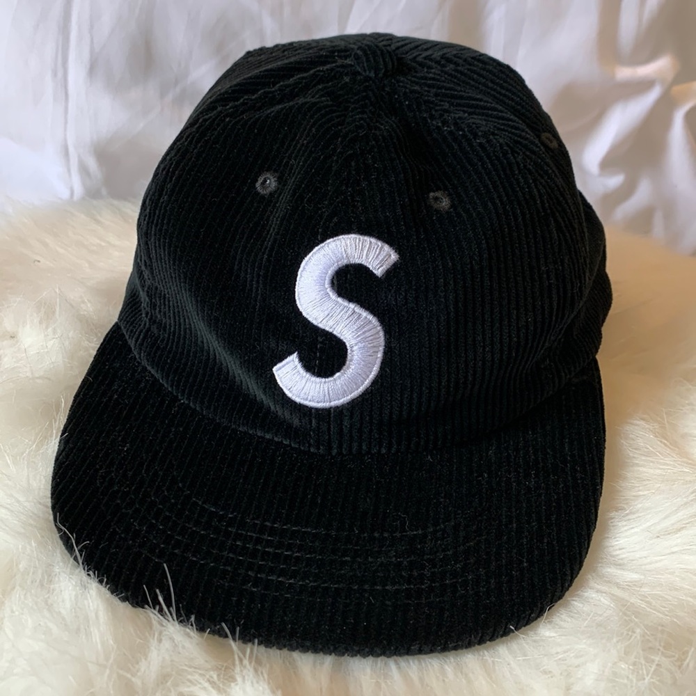 Black Corduroy Cap with White 'S' Lettering